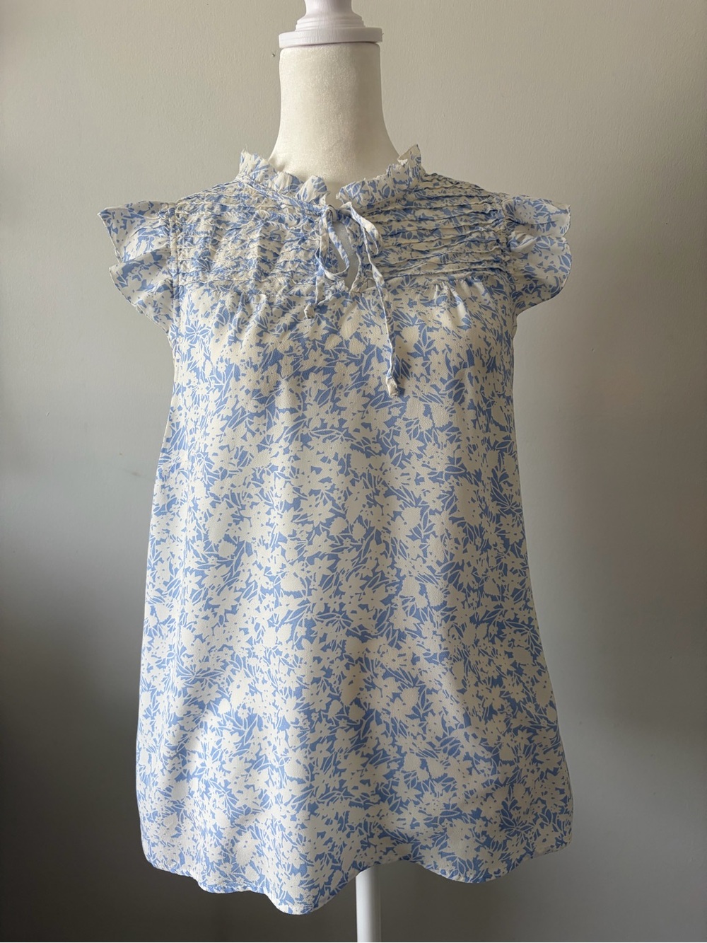 Talbots Blue and Ivory Floral Smocked Cap-Sleeve Blouse